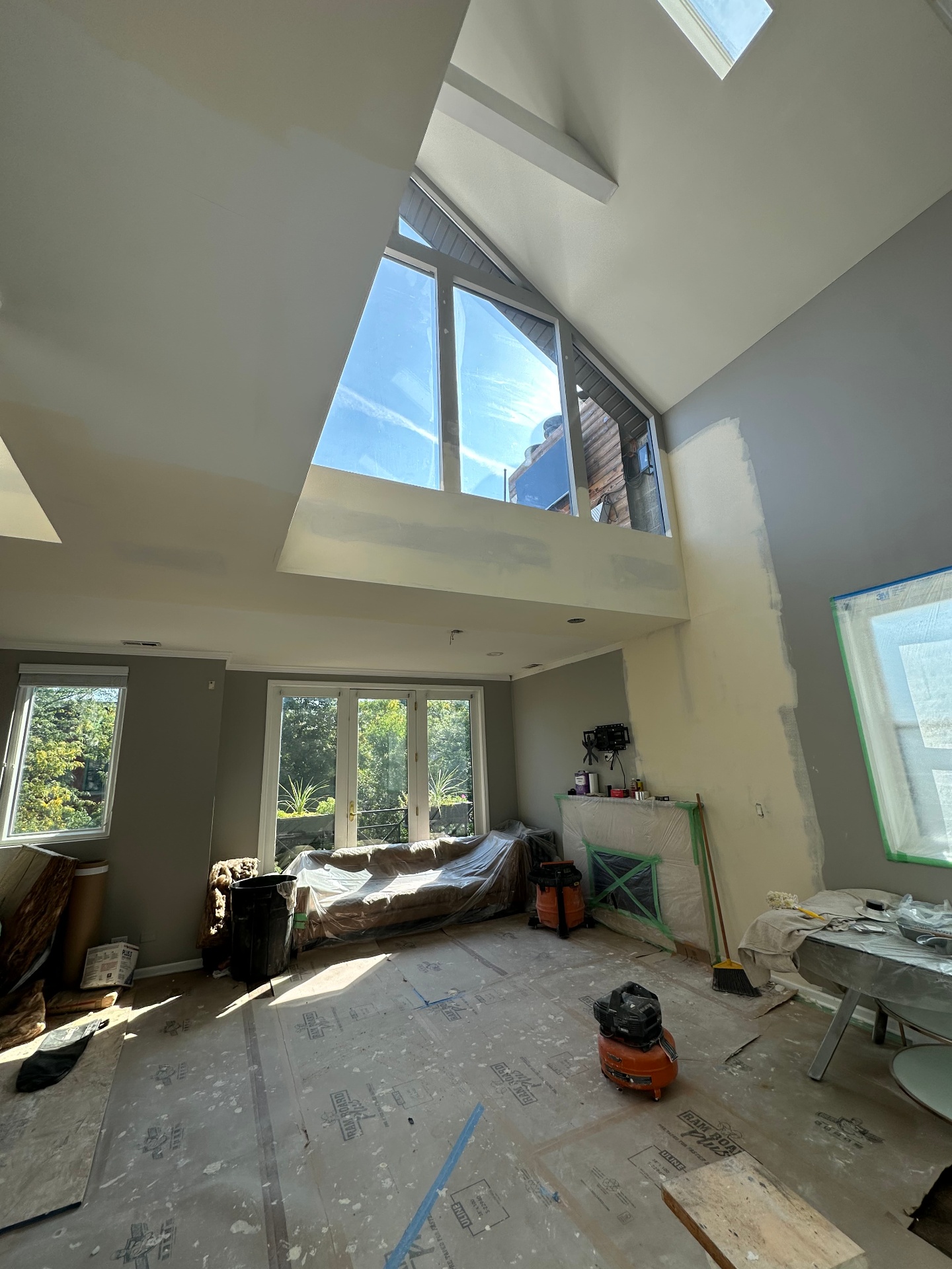 Vaulted great room ceiling rebuild - After - smooth vaulted ceiling (Highland Park, IL drywall project)