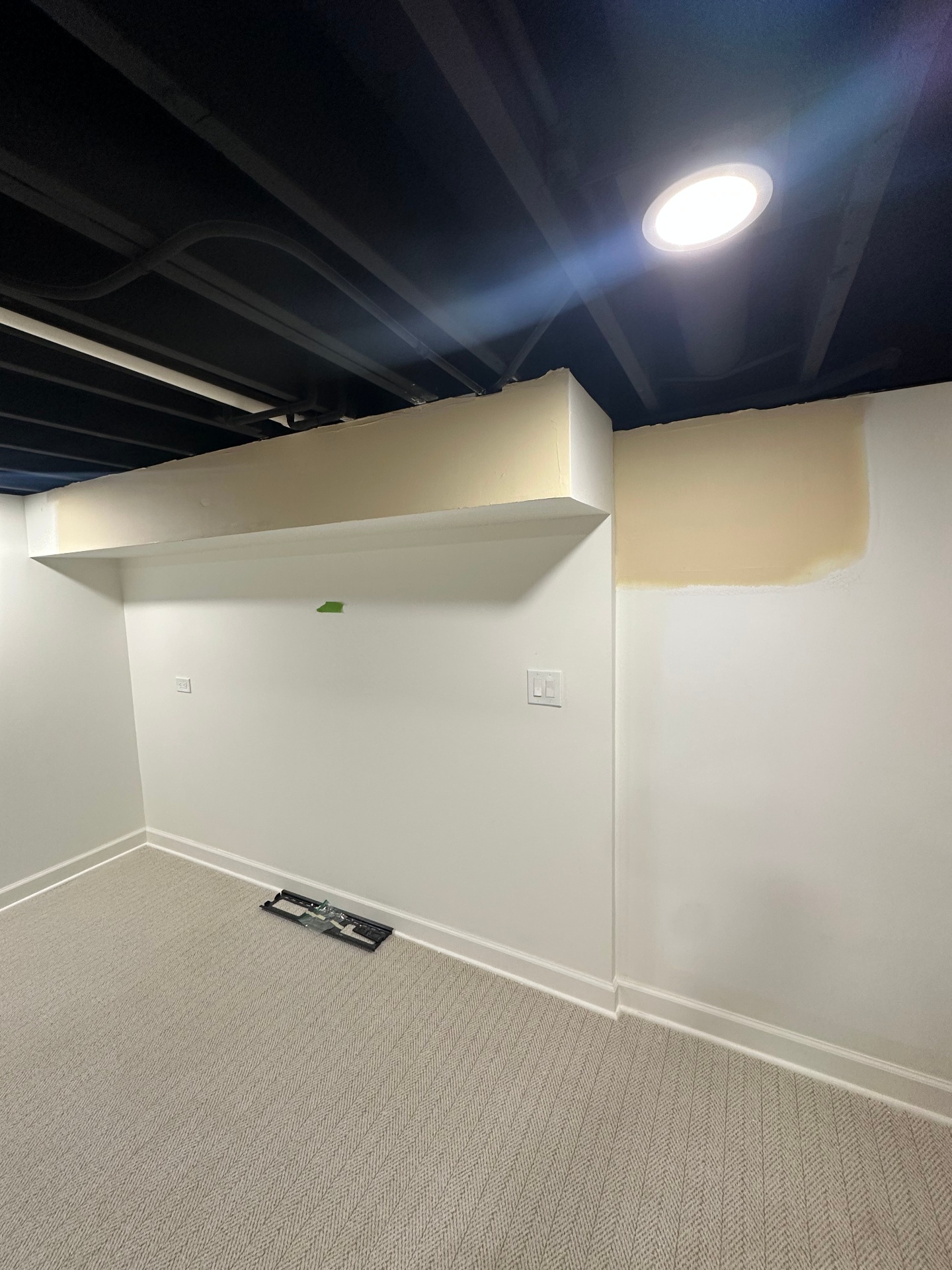Basement soffit build & finish - After - clean soffit with recessed lighting (Buffalo Grove, IL drywall project)